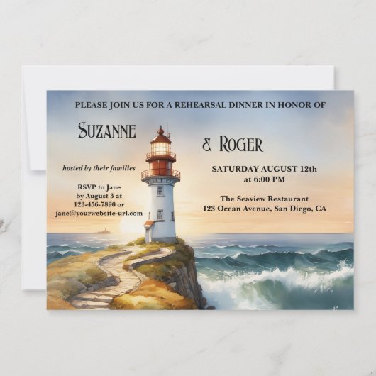 Waterverf Vuurtoren Huwelijksrepetitie Diner Kaart (Achterkant)