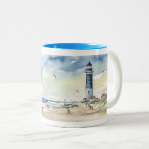 Waterverf vuurtoren in de zomer tweekleurige koffiemok