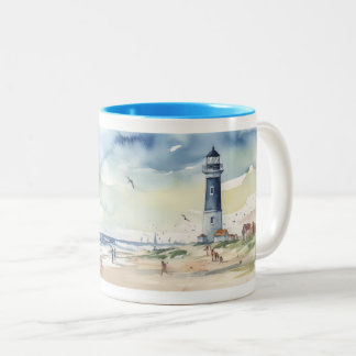 Waterverf vuurtoren in de zomer tweekleurige koffiemok
