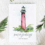 Waterverf vuurtoren kerstkaart<br><div class="desc">Deze nautische vakantiekaart is ontworpen met behulp van mijn oorspronkelijke hand geschilderde waterverf Jupiter, een vuurtoren van Florida met een grasland met groene en rode bessen op een scherpe witte achtergrond. De woorden Zeeen en Groeten worden geplaatst in een moderne borstelmanuscripttypografie. Personaliseer hoe je wilt. Deze kerstkaart in kuststijl wordt...</div>