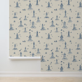 Waterverf Vuurtoren Kust Toile in Blauw en Wit Behang