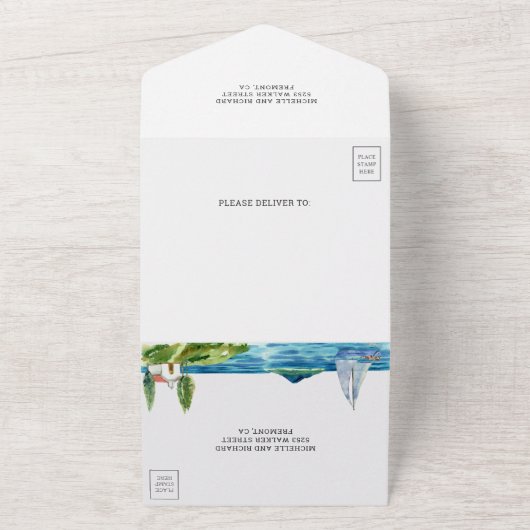 Waterverf vuurtoren - kustthema bruiloft all in one uitnodiging (Buitenkant)