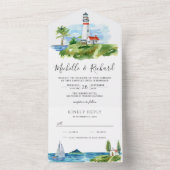 Waterverf vuurtoren - kustthema bruiloft all in one uitnodiging (Binnen)