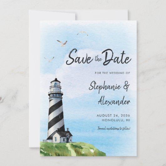 Waterverf vuurtoren Nautical Modern Wedding Save The Date (Voorkant)