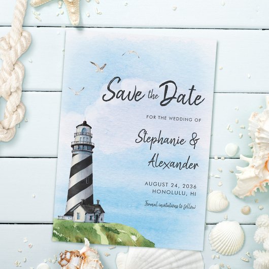 Waterverf vuurtoren Nautical Modern Wedding Save The Date