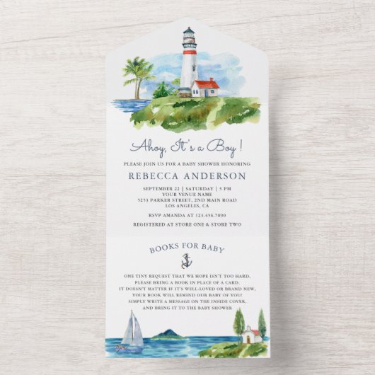 Waterverf vuurtoren Nautisch Baby shower All In One Uitnodiging (Binnen)