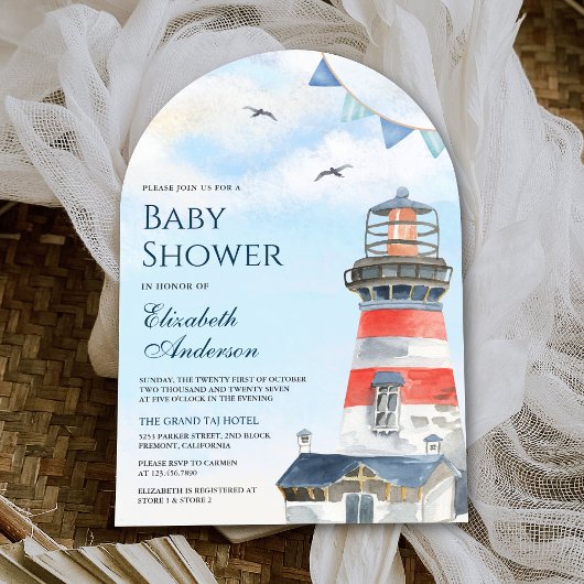 Waterverf Vuurtoren Nautische Boog Baby shower Kaart
