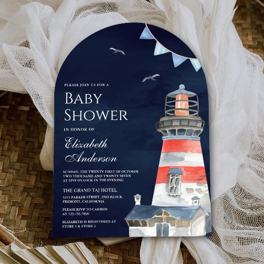 Waterverf Vuurtoren Nautische Marine Baby shower Kaart