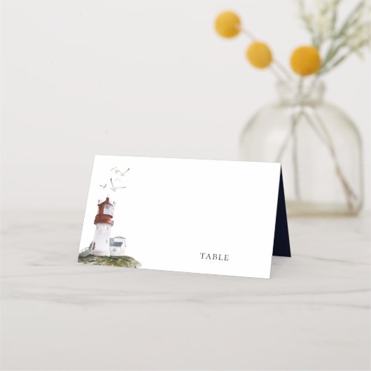 Waterverf Vuurtoren Nautische Navy Blue Wedding Plaatskaartje (Voorkant)