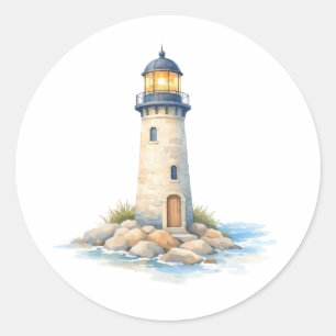 Waterverf Vuurtoren op de Rotsen Ronde Sticker