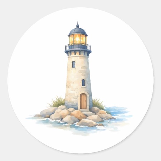 Waterverf Vuurtoren op de Rotsen Ronde Sticker (Voorkant)