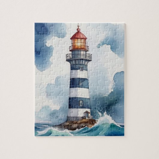 Waterverf Vuurtoren Stormachtig Weer Legpuzzel (Verticaal)