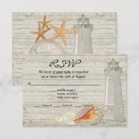 Waterverf vuurtoren, strand bruiloft RSVP kaartje (Voorkant / Achterkant)