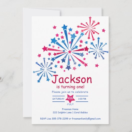 Waterverf vuurwerk 4 juli eerste verjaardag kaart (Voorkant)