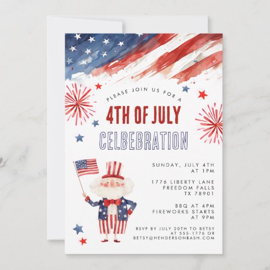 Waterverf Vuurwerk Vierde juli BBQ Uitnodiging (Voorkant)