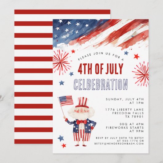 Waterverf Vuurwerk Vierde juli BBQ Uitnodiging (Voorkant / Achterkant)