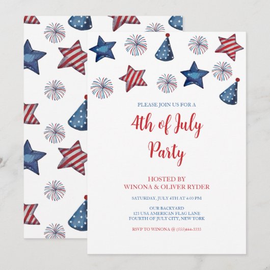 Waterverf Vuurwerk Vierde juli BBQ Uitnodiging (Voorkant / Achterkant)