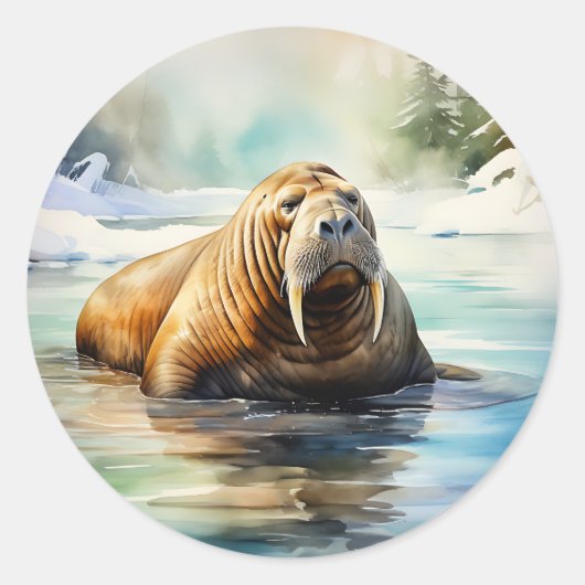 Waterverf Walrus Arctic Ronde Sticker (Voorkant)