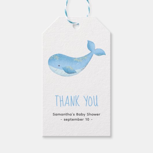 Waterverf walvis - dank u baby shower cadeaulabel (Voorkant)