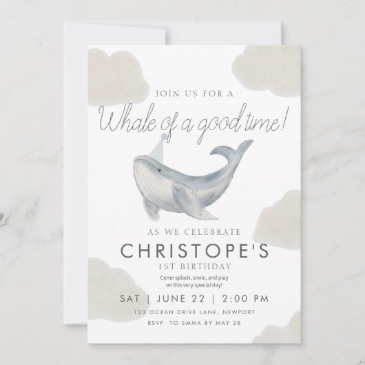 Waterverf walvis eerste verjaardagsuitnodiging kaart (Voorkant)