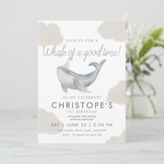 Waterverf walvis eerste verjaardagsuitnodiging kaart (Staand voorkant)