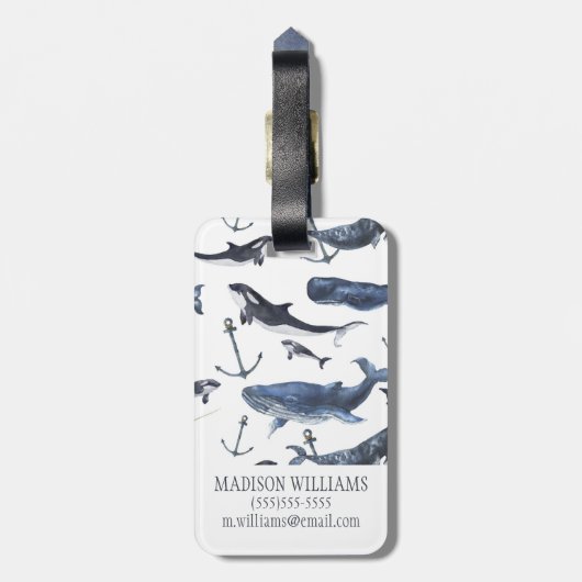 Waterverf-walvis en ankerpatroon bagagelabel (Achterkant verticaal)