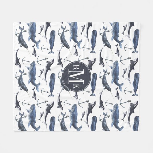 Waterverf-walvis en ankerpatroon fleece deken (Voorkant (Horizontaal))