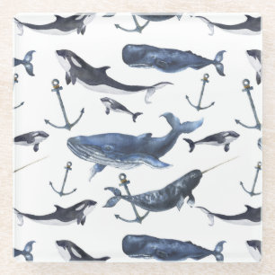 Waterverf-walvis en ankerpatroon glazen onderzetter