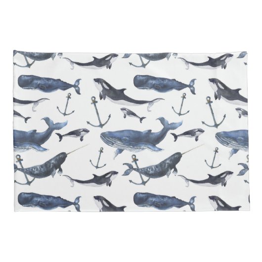 Waterverf-walvis en ankerpatroon kussensloop (Achterkant-Rechts)