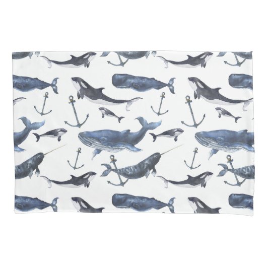 Waterverf-walvis en ankerpatroon kussensloop (Voorkant-Links)