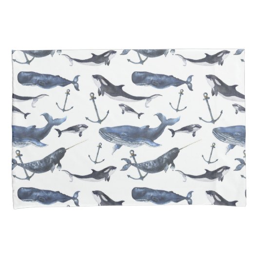 Waterverf-walvis en ankerpatroon kussensloop (Voorkant-Rechts)