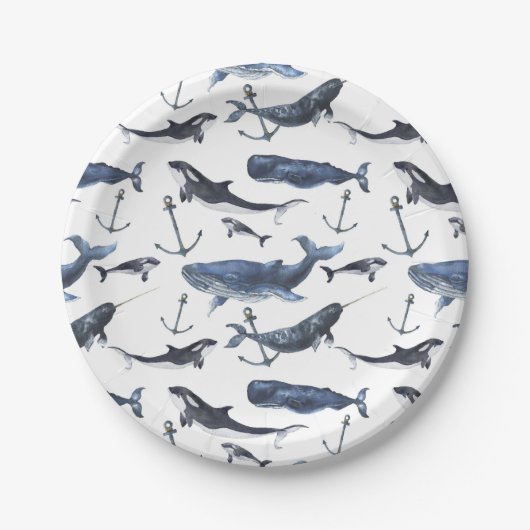 Waterverf-walvis en ankerpatroon papieren bordje (Voorkant)