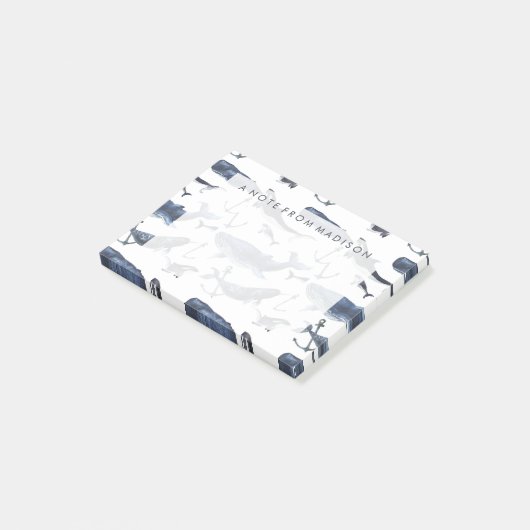 Waterverf-walvis en ankerpatroon post-it® notes (Schuin)