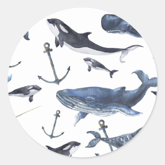 Waterverf-walvis en ankerpatroon ronde sticker (Voorkant)