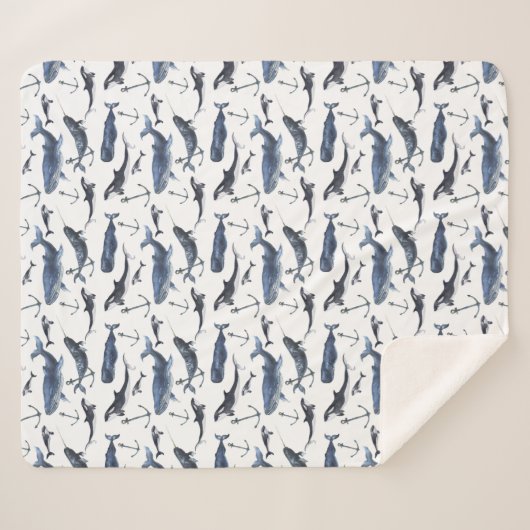 Waterverf-walvis en ankerpatroon sherpa deken (Voorkant (horizontaal))