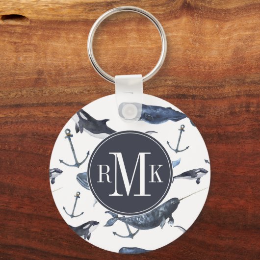 Waterverf-walvis en ankerpatroon sleutelhanger (Voorkant)