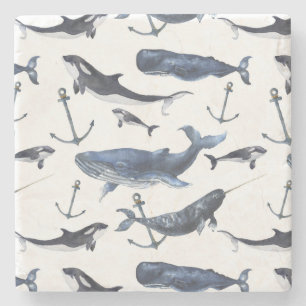 Waterverf-walvis en ankerpatroon stenen onderzetter