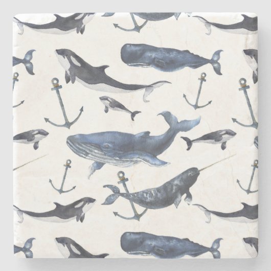 Waterverf-walvis en ankerpatroon stenen onderzetter (Voorkant)