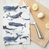 Waterverf-walvis en ankerpatroon theedoek (Quarter Fold)
