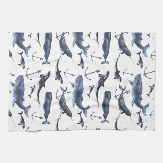 Waterverf-walvis en ankerpatroon theedoek (Horizontaal)