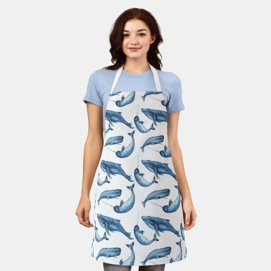 Waterverf walvis en Narwhal Nautical Pattern Schort (Gedragen)