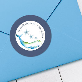 Waterverf Walvis en Zeester Blauw  Ronde Sticker