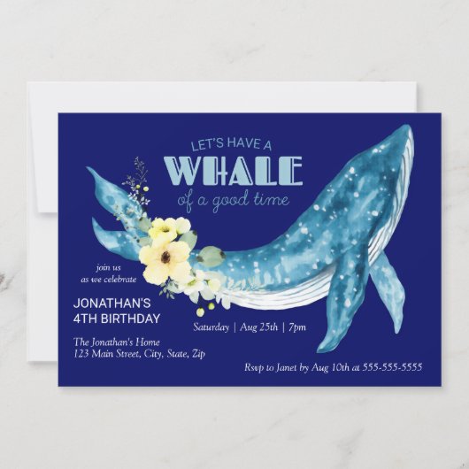 Waterverf Walvis Geel Bloemen Navy Verjaardagsfees Kaart (Voorkant)