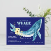 Waterverf Walvis Geel Bloemen Navy Verjaardagsfees Kaart (Staand voorkant)