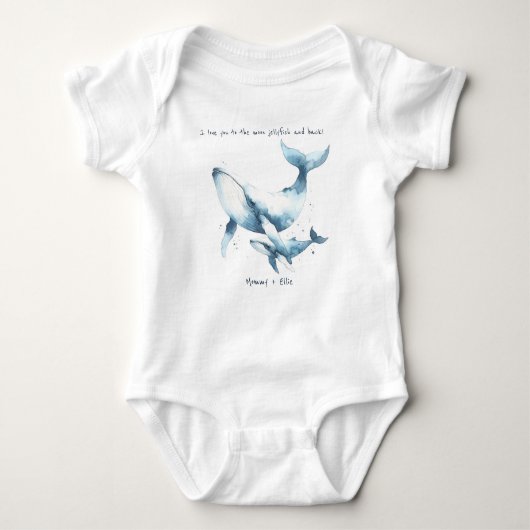 Waterverf walvis moeder Baby kalf blauw personalis Romper (Voorkant)