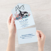 Waterverf walvis onder het Baby shower Zee All In One Uitnodiging (Afscheurbaar)