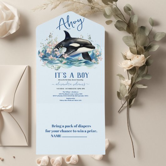 Waterverf walvis onder het Baby shower Zee All In One Uitnodiging