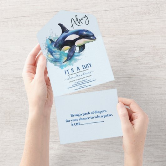 Waterverf walvis onder het Baby shower Zee All In One Uitnodiging (Afscheurbaar)