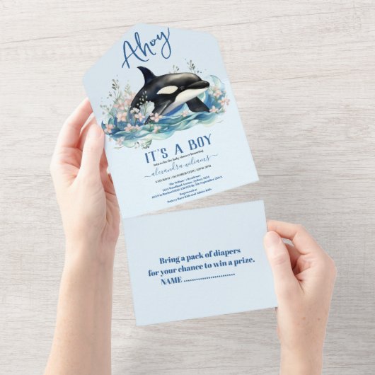 Waterverf walvis onder het Baby shower Zee All In One Uitnodiging (Afscheurbaar)