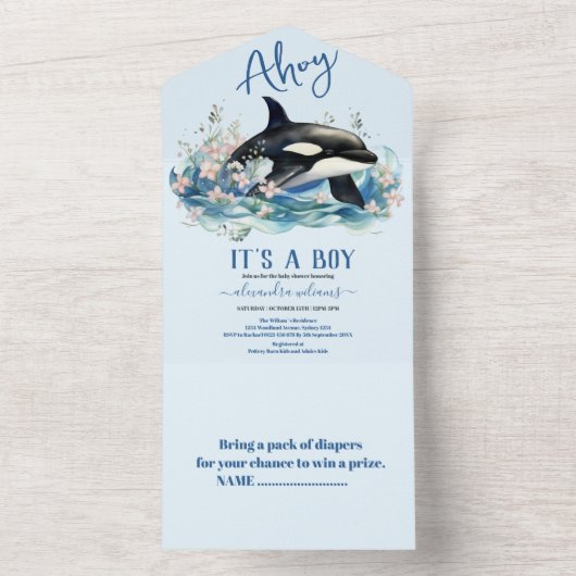 Waterverf walvis onder het Baby shower Zee All In One Uitnodiging (Binnen)